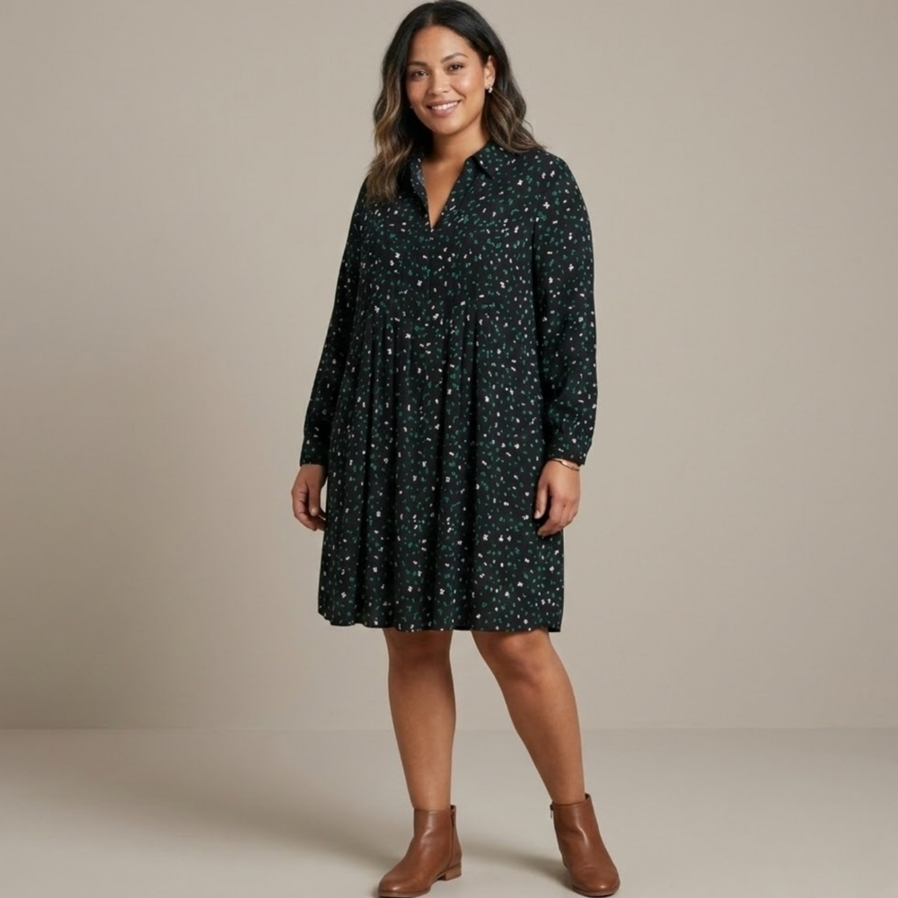 Penningtons Boho Chic Black Shirt Dress  Green & White Floral Print,Size 1X